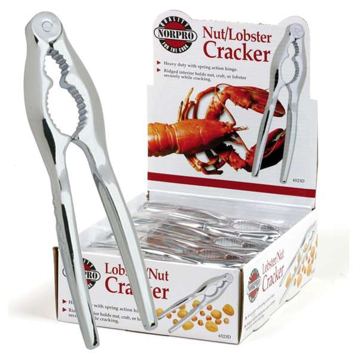Two Norpro 6523D lobster and nut crackers standing upright beside a retail counter display box