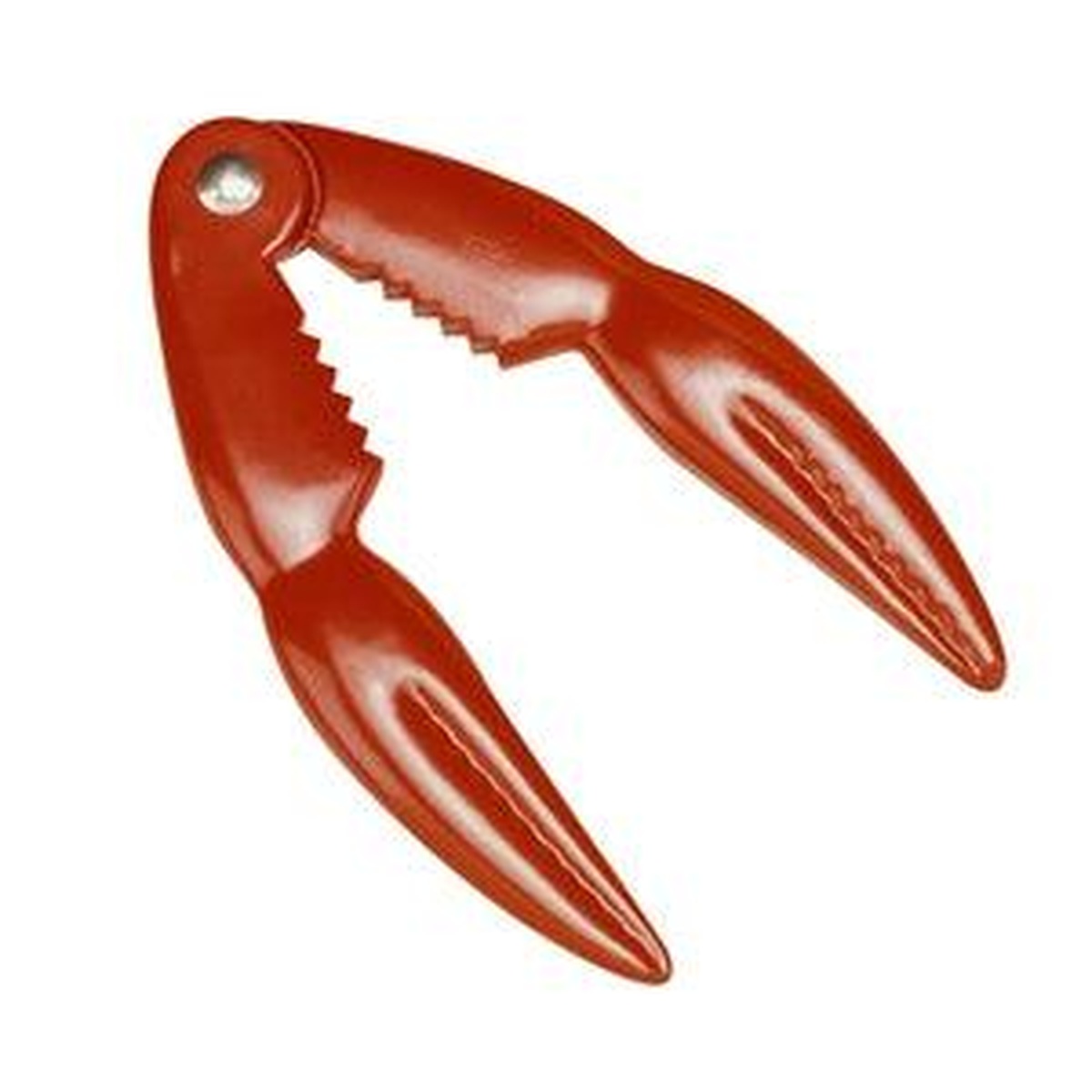 Norpro red lobster claw-shaped shellfish cracker in red with serrated teeth and pivot pin