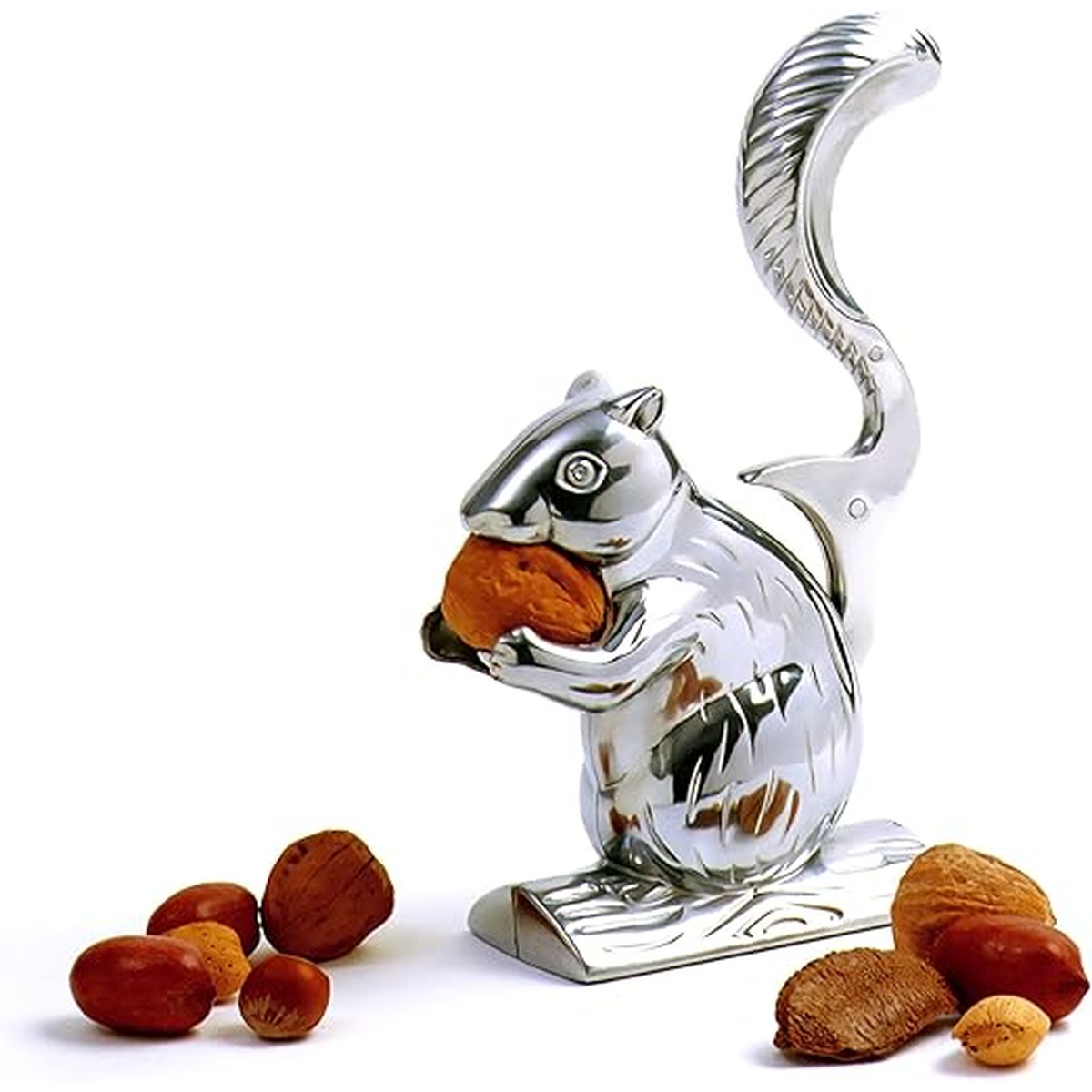 Norpro 6529 squirrel-shaped cast aluminum nut cracker surrounded by assorted nuts on white background