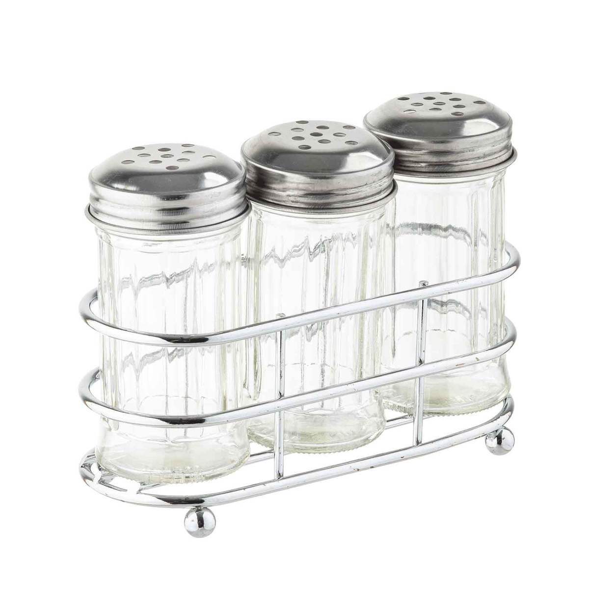 Three fluted glass condiment shakers with perforated dome lids in chrome rack, angled view showing shaker tops