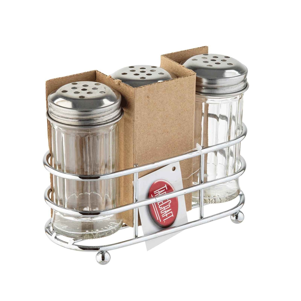 Three fluted glass condiment shakers in chrome wire rack, angled side view showing rack depth and ball feet