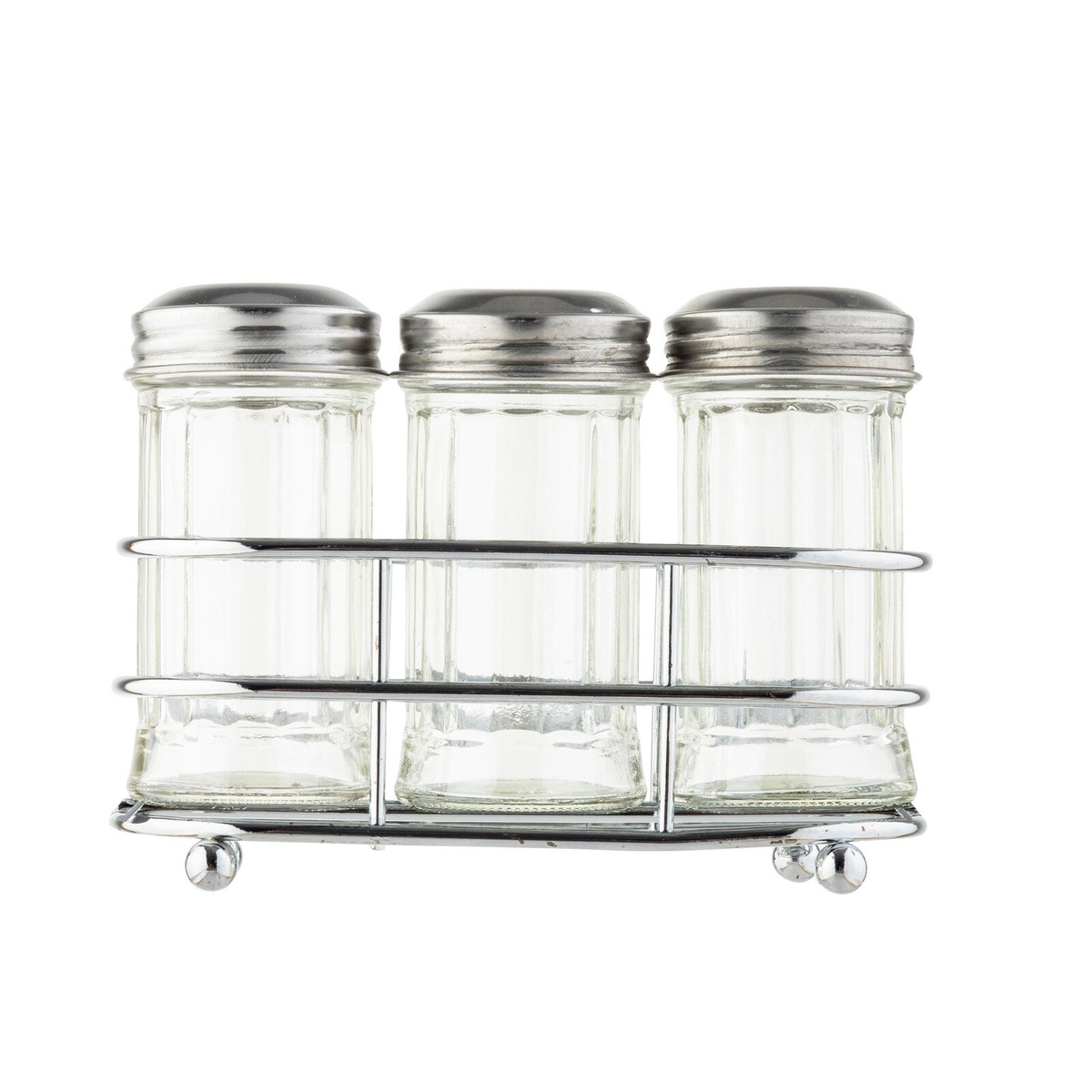 Three fluted glass condiment shakers with dome lids in a chrome wire rack, front view