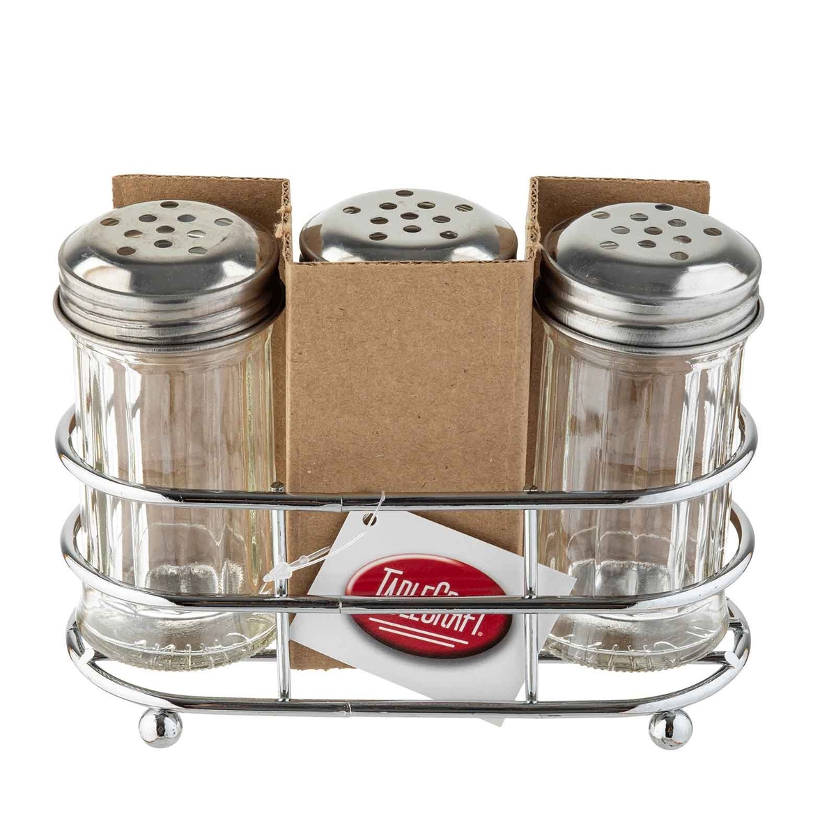 Three fluted glass condiment shakers with perforated dome lids and chrome wire rack, front view with original packaging