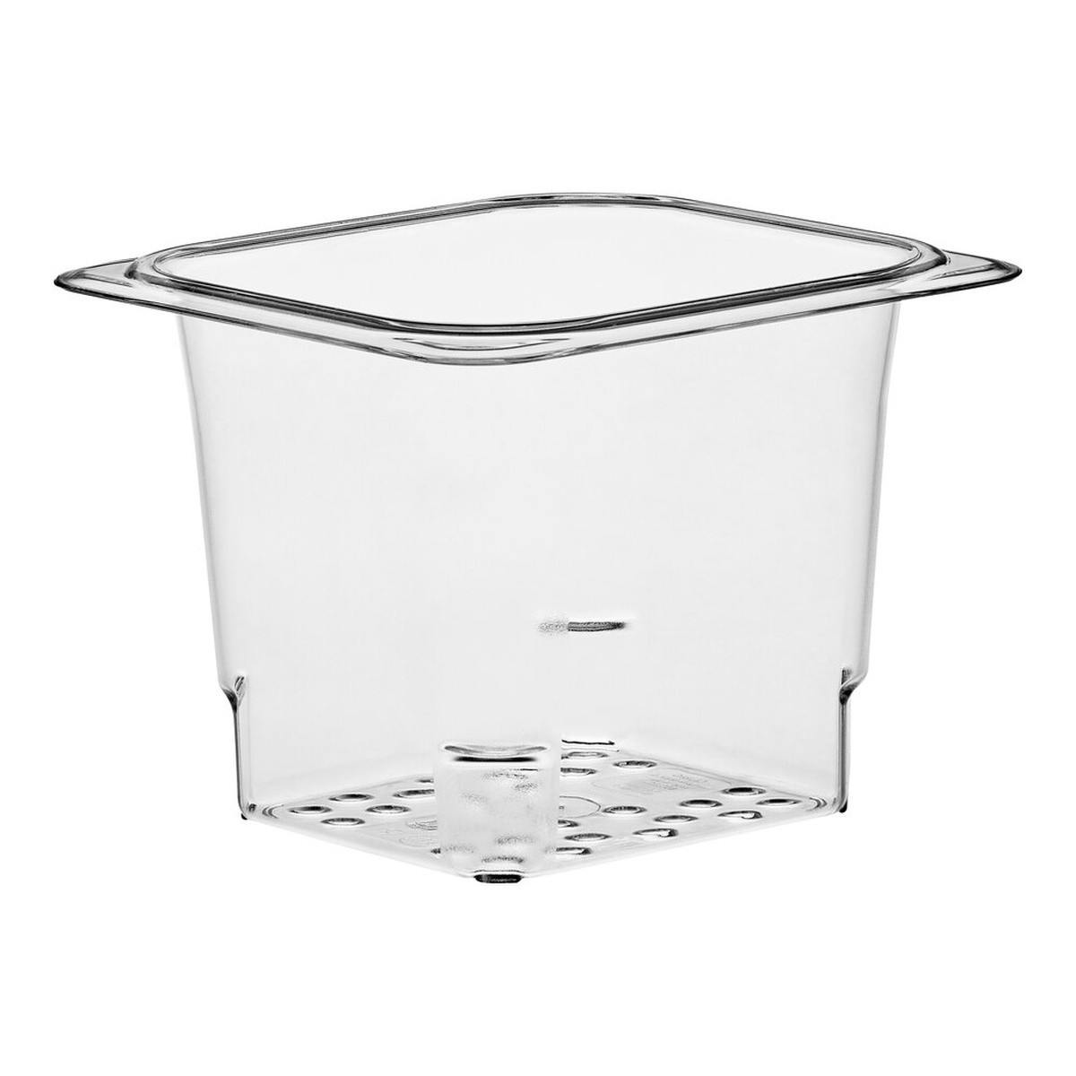 Cambro 65CLRCW135 clear 1/6 size polycarbonate colander pan, 5 inches deep, showing perforated bottom