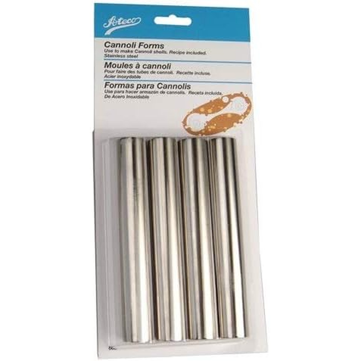 Four silver stainless steel Ateco cannoli forms in retail packaging