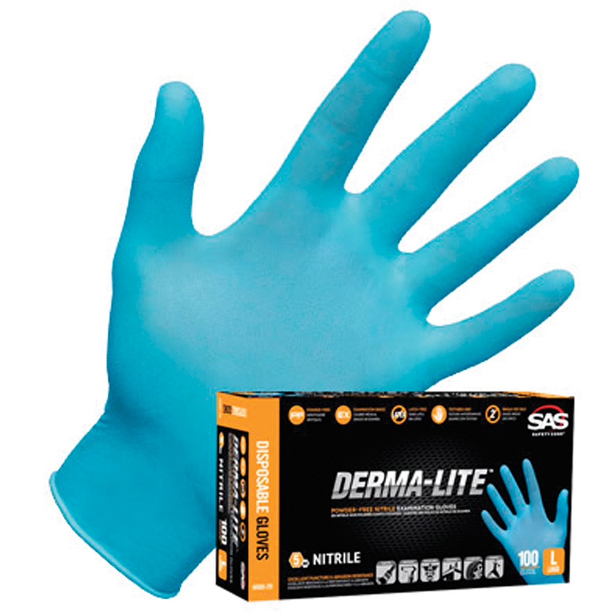 SAS Derma-Lite blue nitrile disposable gloves shown with product box, Large size, box of 100