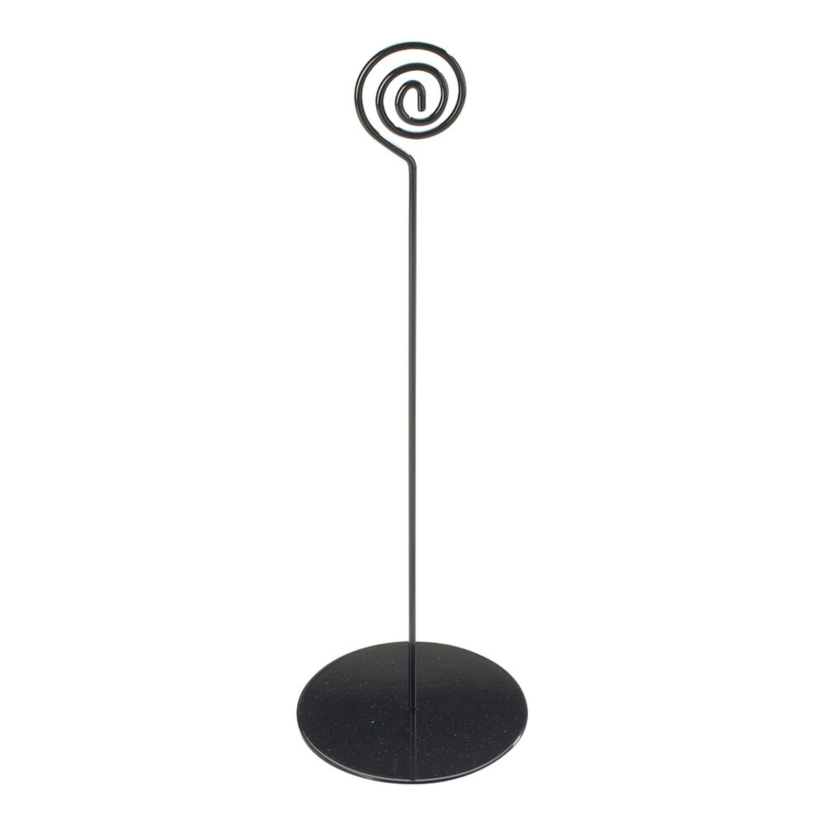 Cal-Mil 661-9-13 black powder-coated steel wire card holder with spiral clip top and round base