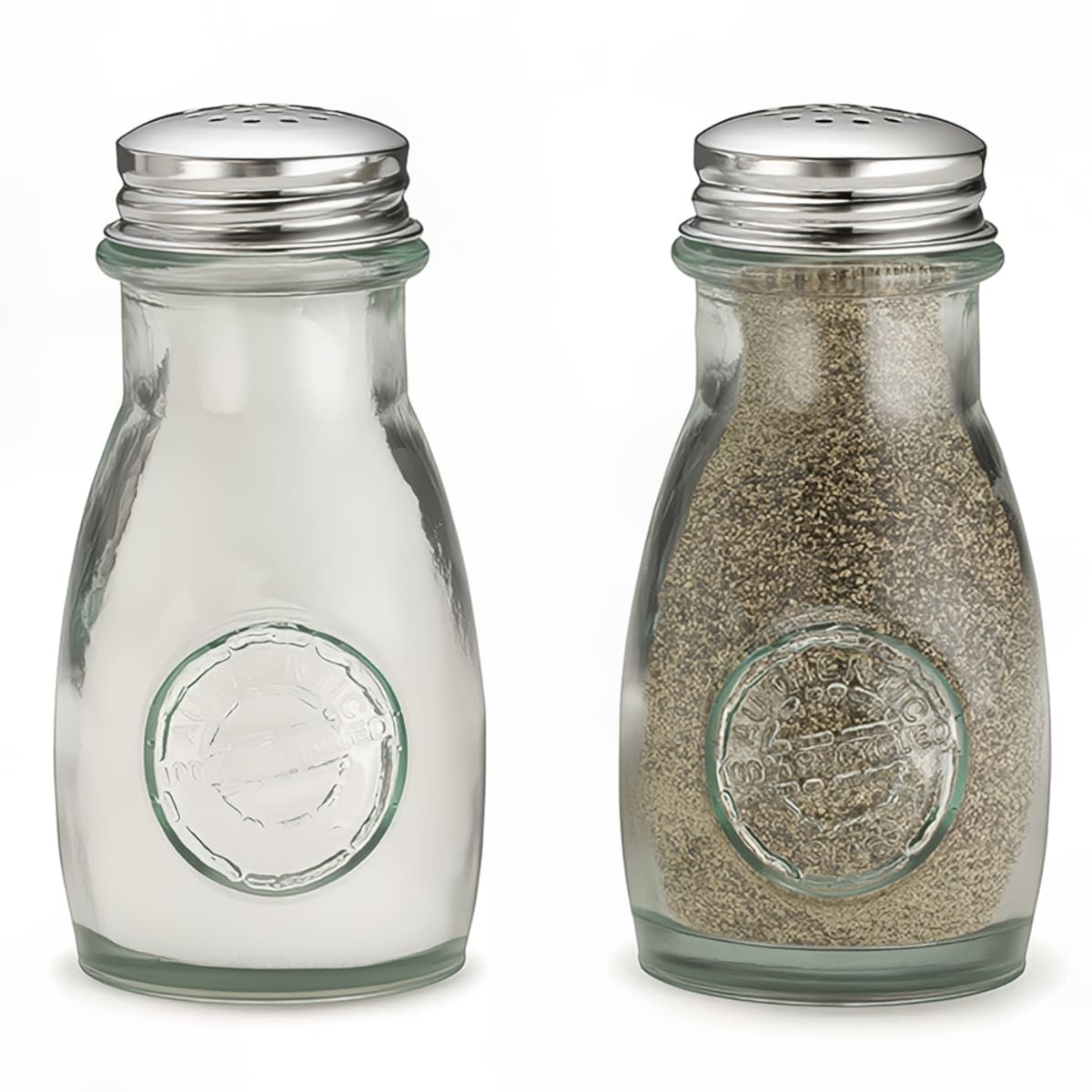 Tablecraft 6618 green-tinted glass salt and pepper shakers filled with salt and pepper, featuring stainless steel tops