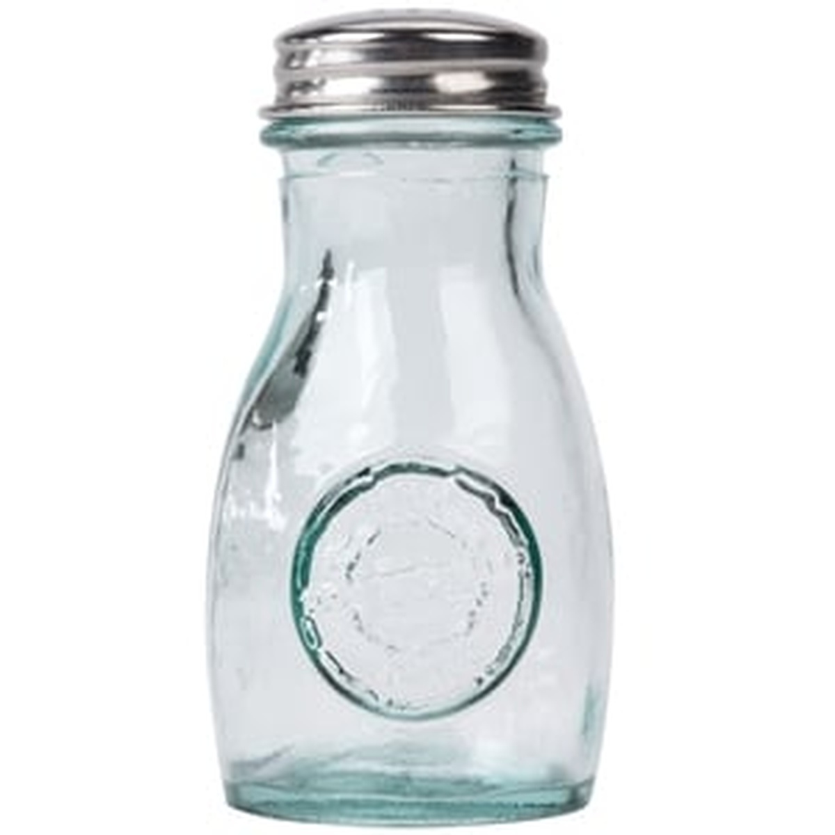 TableCraft 6618 recycled green glass shaker, side profile view showing teardrop silhouette and stainless steel lid