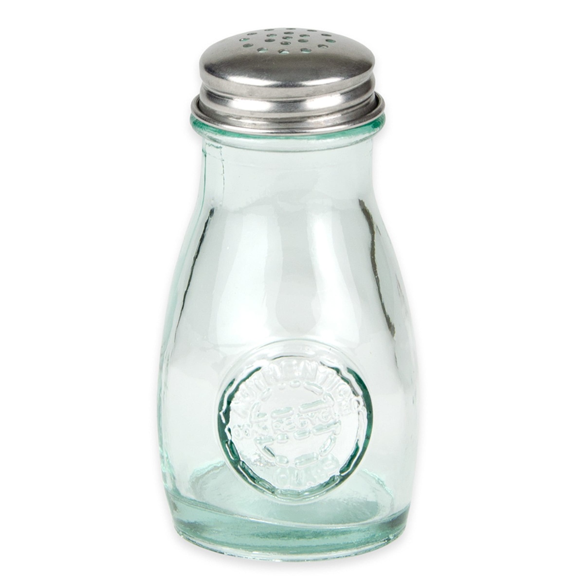 Front view of empty Tablecraft 6618 green-tinted recycled glass shaker showing embossed medallion and stainless steel perforated top