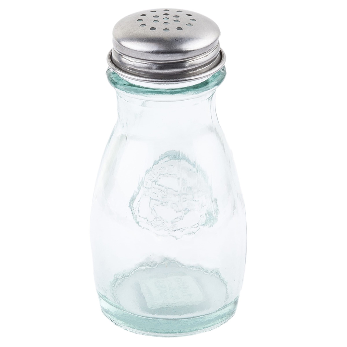 Alternate angle view of empty Tablecraft 6618 green-tinted glass shaker with stainless steel perforated lid