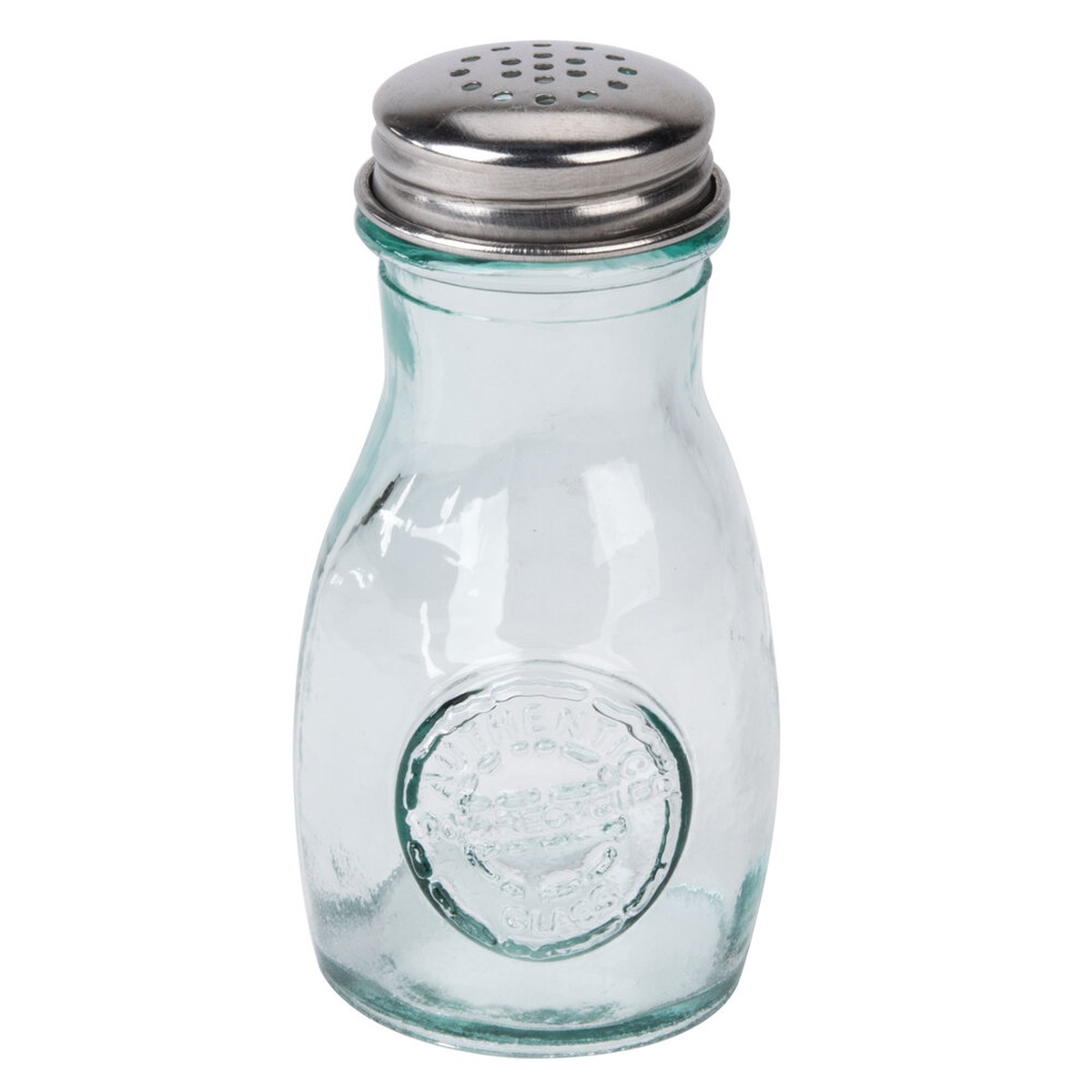 TableCraft 6618 recycled green glass salt and pepper shaker with stainless steel perforated screw-on top, front view