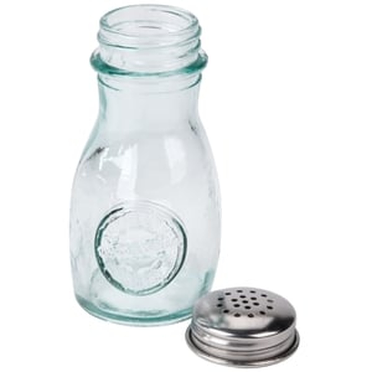 TableCraft 6618 recycled green glass shaker with stainless steel lid removed, showing open top for easy refilling
