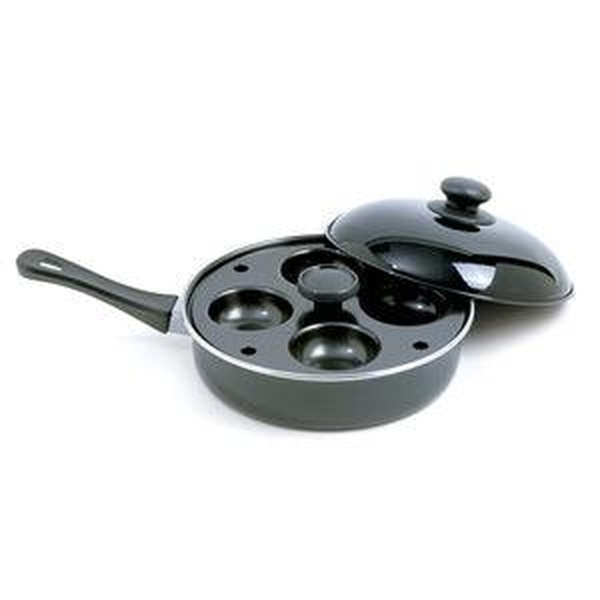 Norpro Non-Stick Egg Poacher/Fry Pan shown with removable 4-cup poaching frame insert and domed lid, black nonstick finish