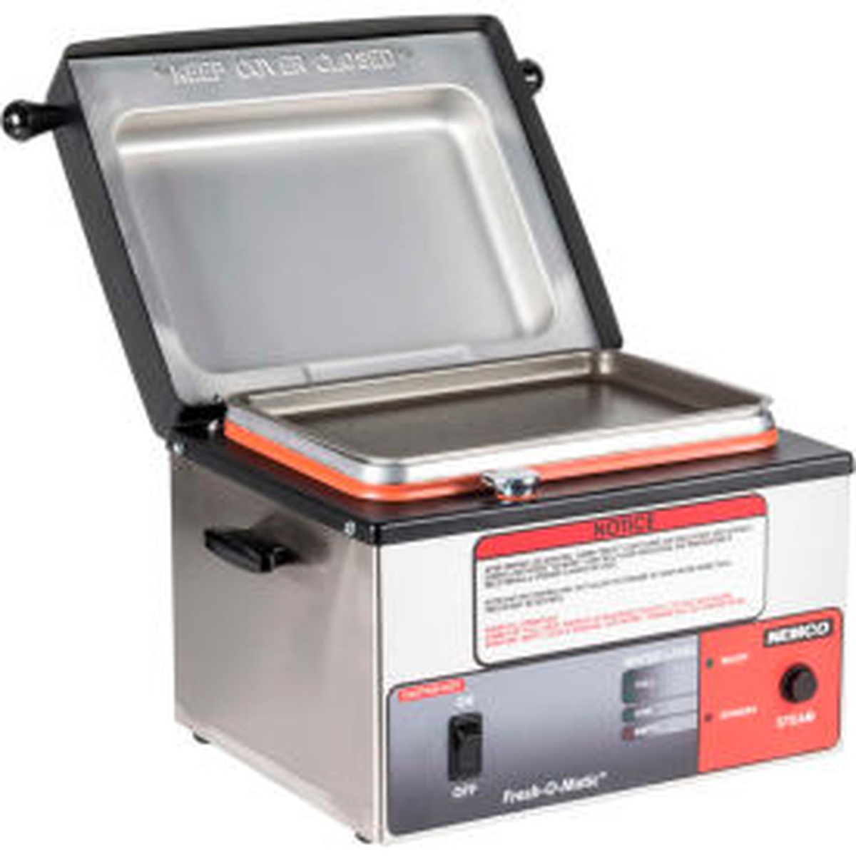 Nemco 6625B Fresh-O-Matic countertop steamer with lid open showing stainless steel tray and control panel
