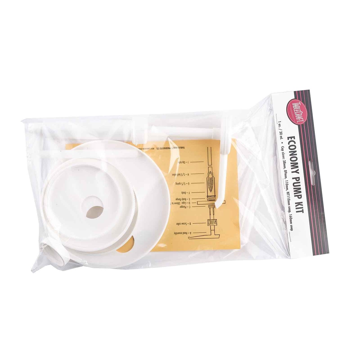 TableCraft 662K Economy Pump Kit in clear retail packaging showing the pump, adapter caps, and instruction sheet