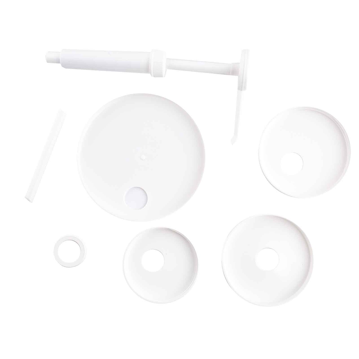 TableCraft 662K Economy Pump Kit components laid flat: pump assembly, 11-inch dip tube, plastic washer, and five adapter caps in various sizes
