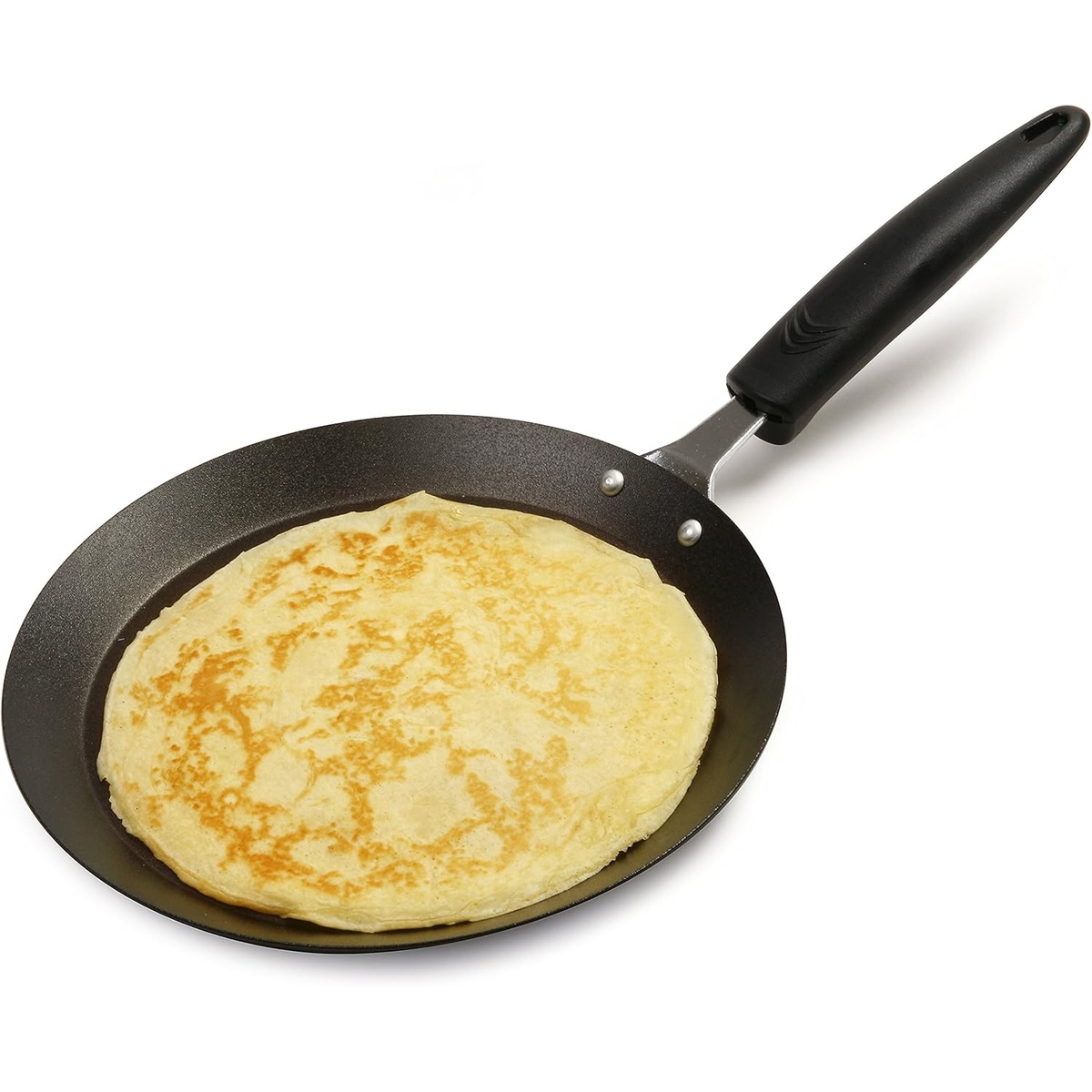 Norpro nonstick crepe pan with a freshly cooked golden crepe resting on the cooking surface