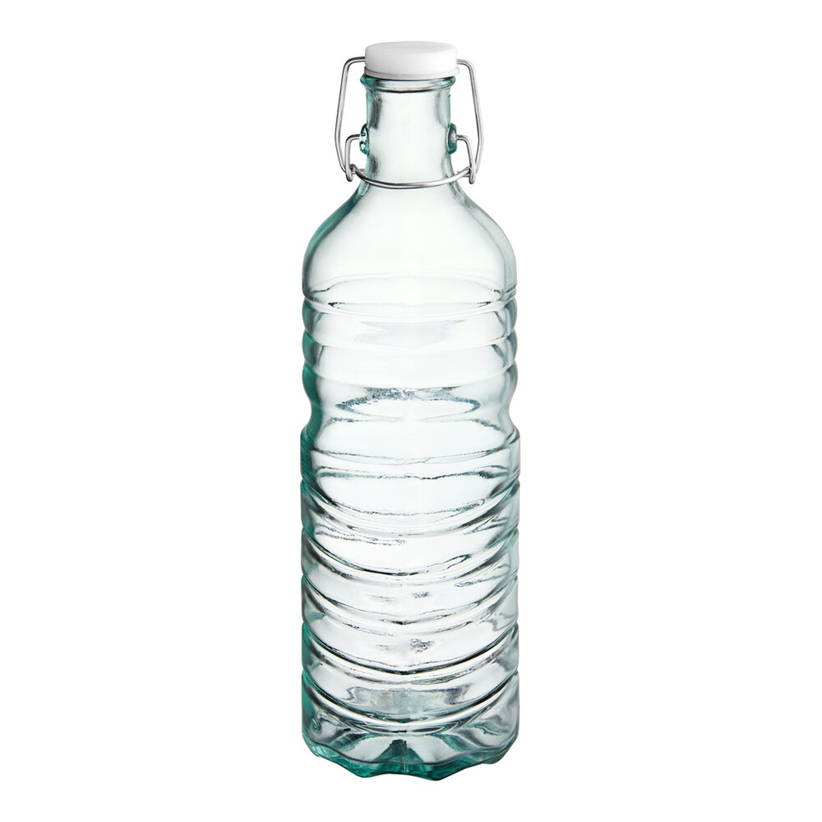 TableCraft 6632 1.5-liter recycled green tint glass water bottle with wire bail swing top stopper
