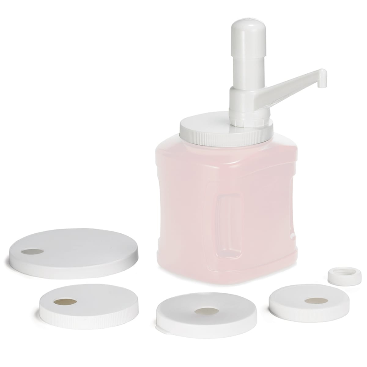 Tablecraft 663K stationary nozzle pump kit assembled with five white cap tops laid out on white background