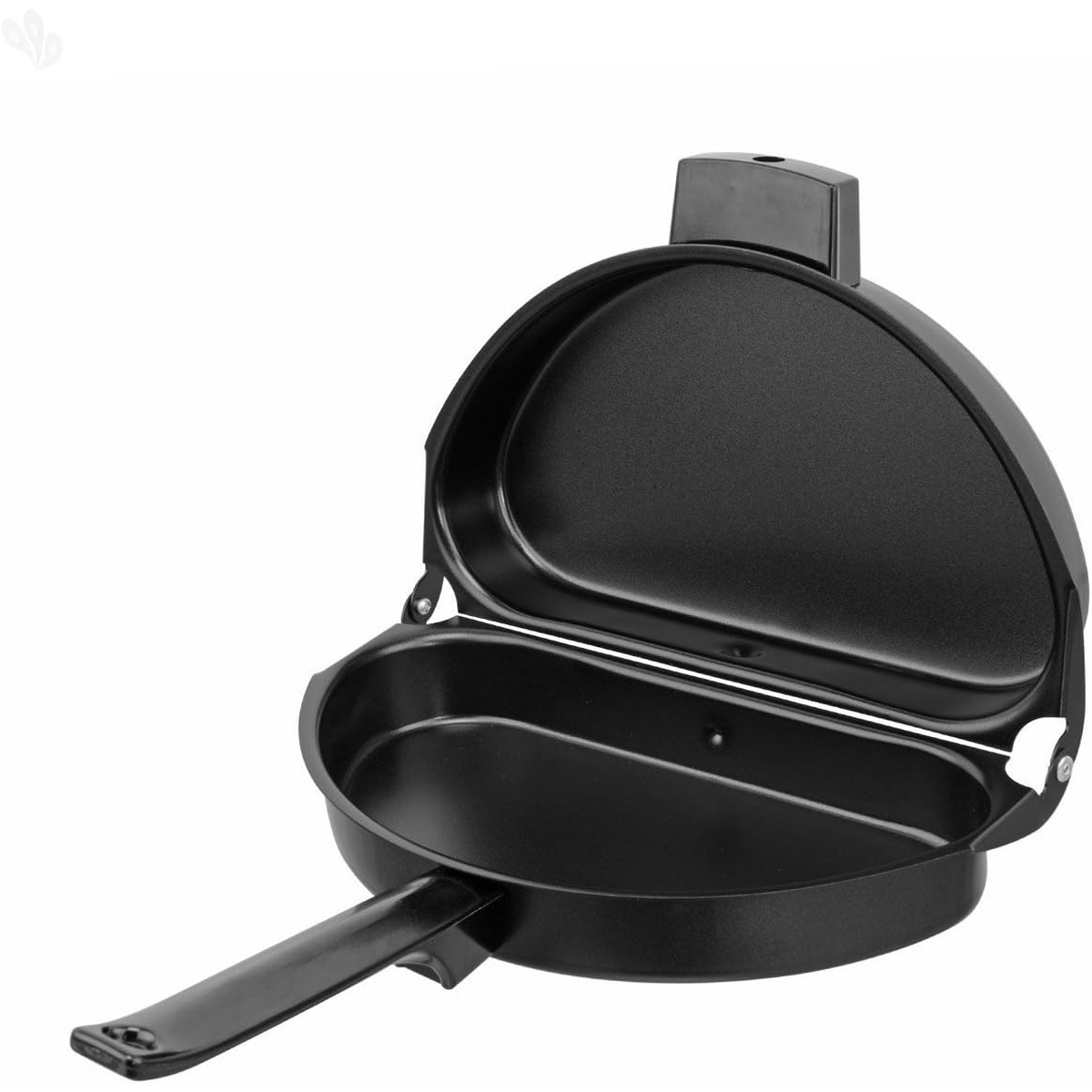 Norpro 664 nonstick omelet pan open, showing dual nonstick cooking surfaces and hinge mechanism