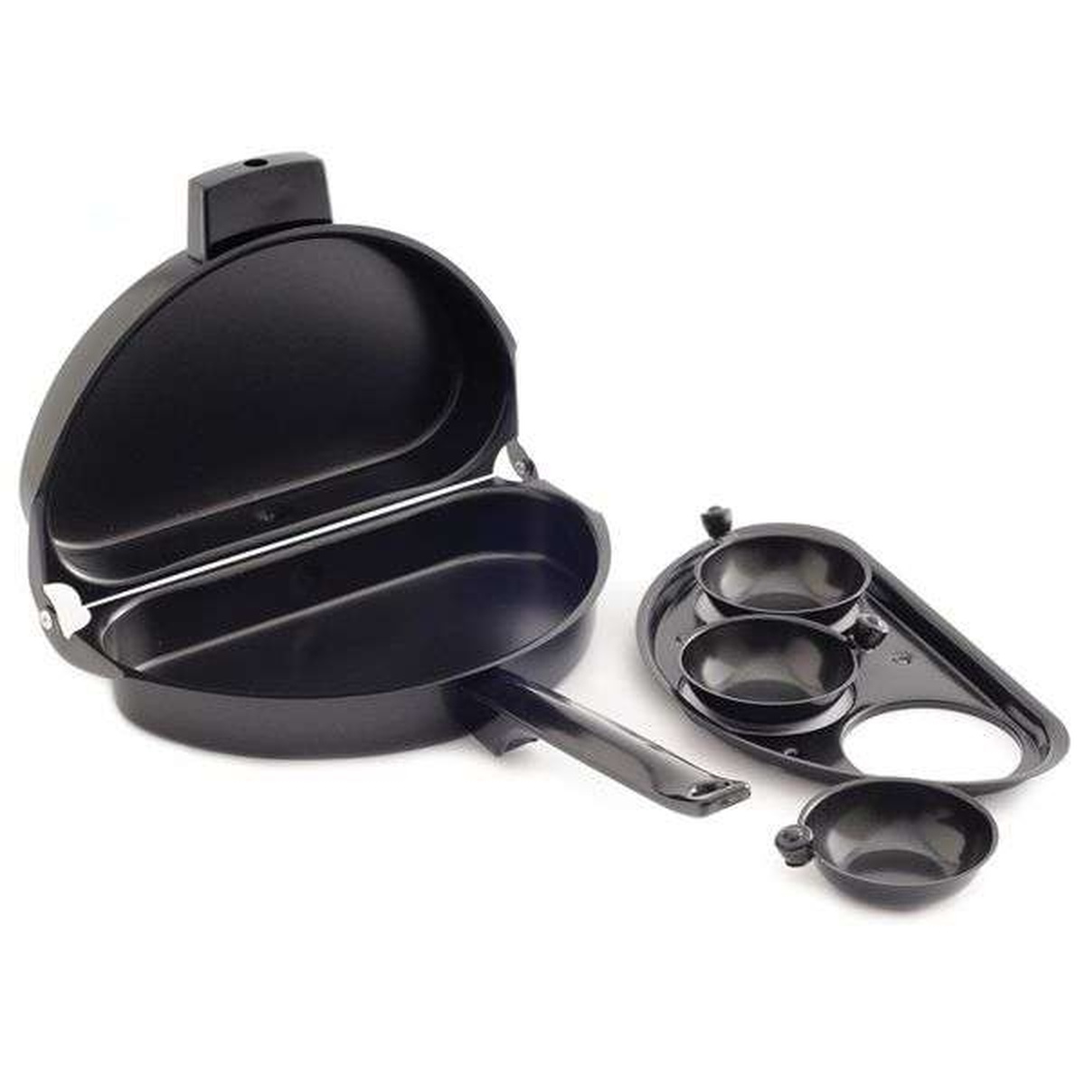 Norpro omelet pan with removable poacher insert and three cups displayed separately