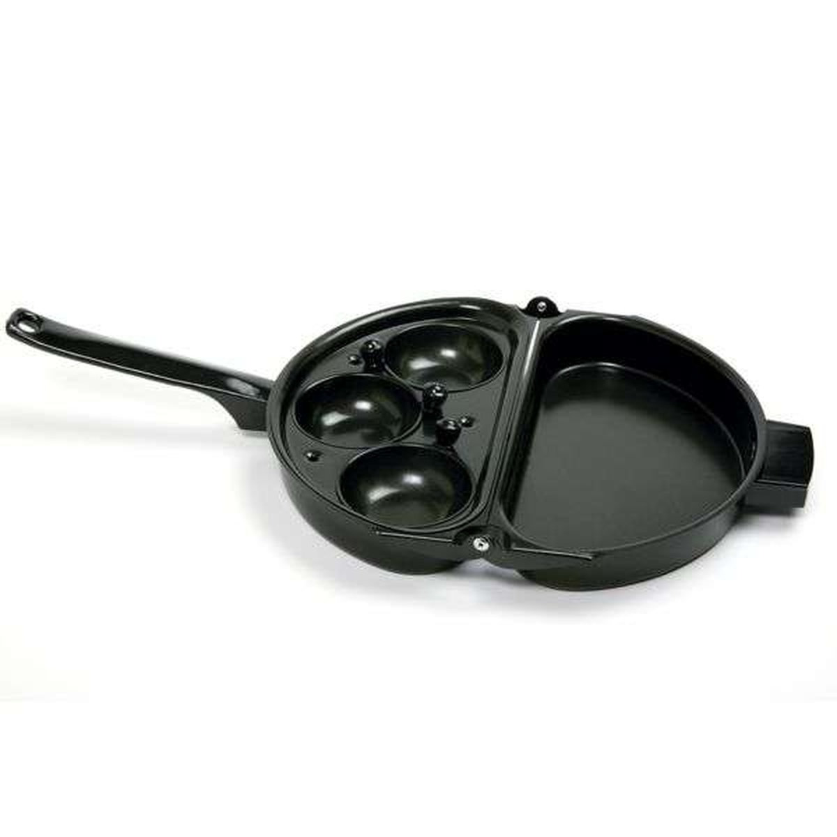 Norpro nonstick omelet pan open with egg poacher insert installed