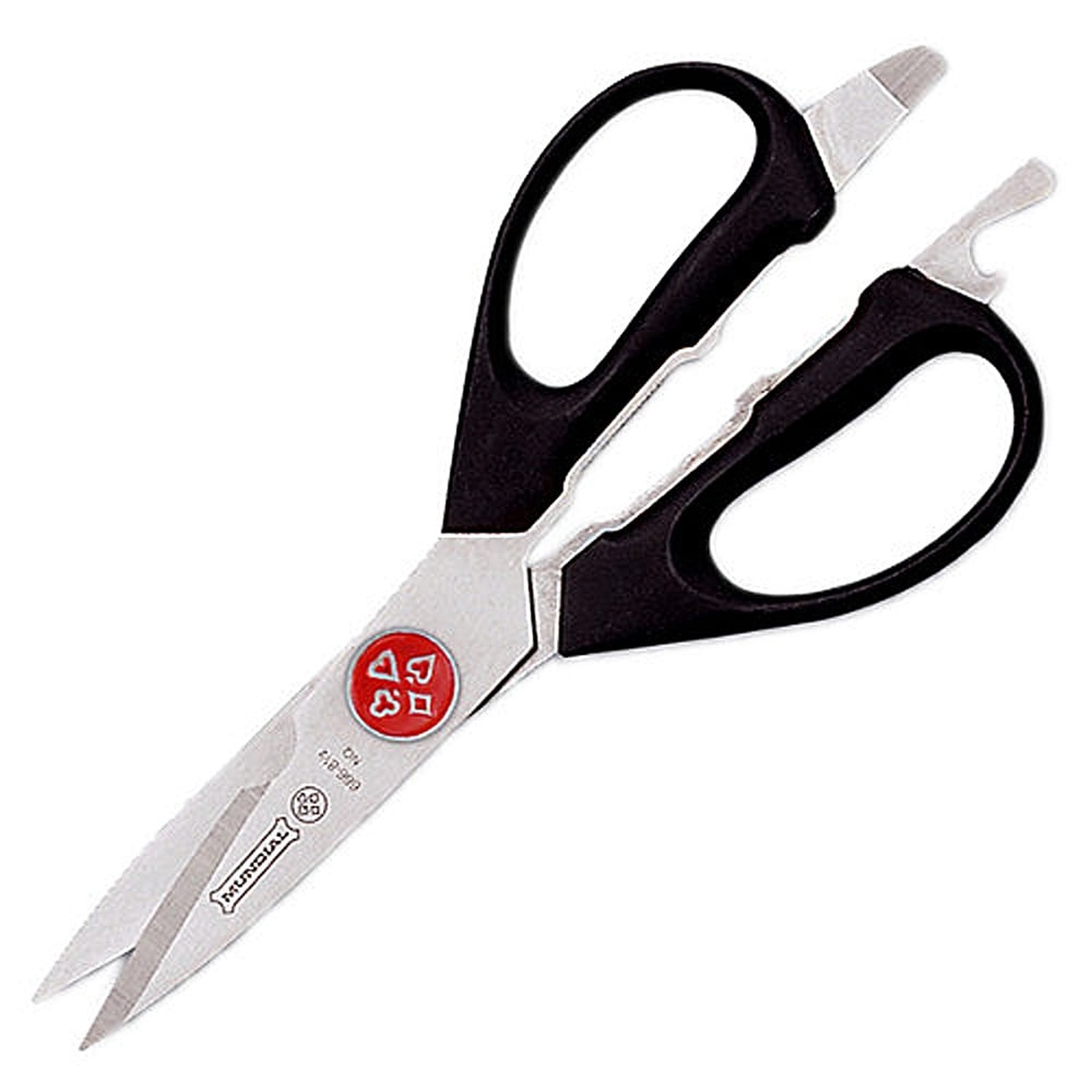 Mundial BP666 Take-A-Part Kitchen Shears with black polymer handles, stainless steel blades, and red Mundial medallion