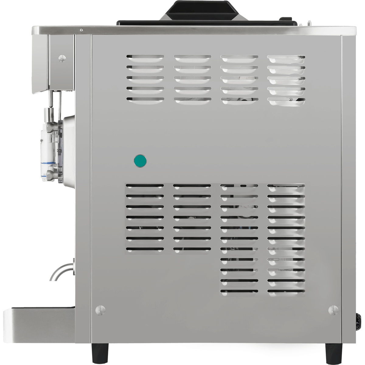 Side view of stainless frozen drink machine with ventilation louvers