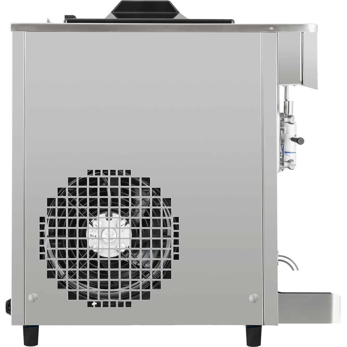 Side view of frozen drink machine showing large cooling fan and compact countertop footprint