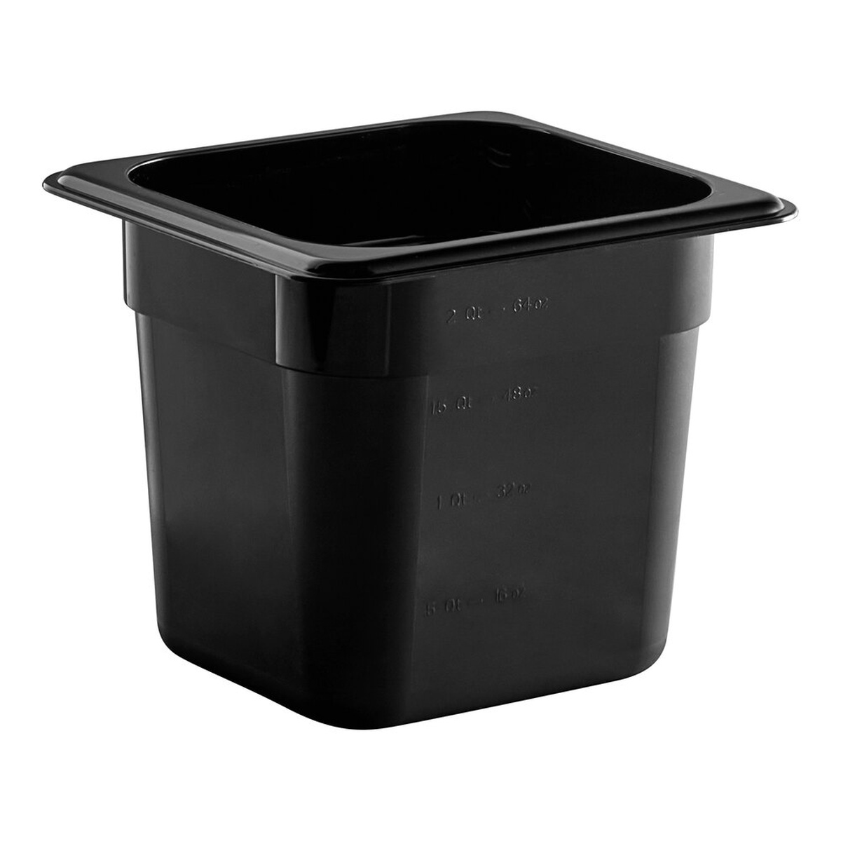 Cambro 66CW110 black polycarbonate 1/6 size food pan, 6 inches deep, with molded-in graduation markings on white background