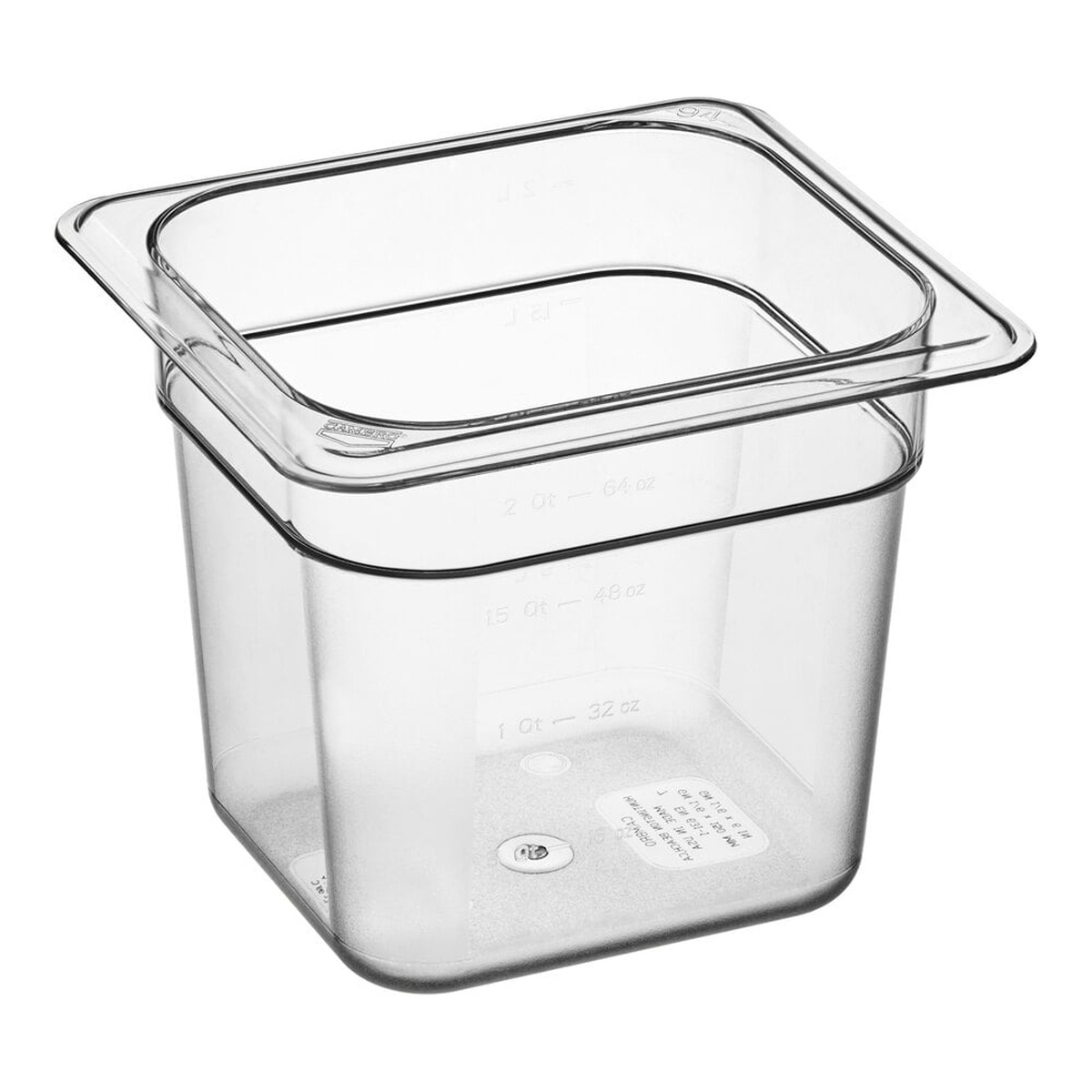 Cambro 66CW135 clear polycarbonate 1/6 size food pan, 6 inches deep, shown on white background with molded graduation markings visible