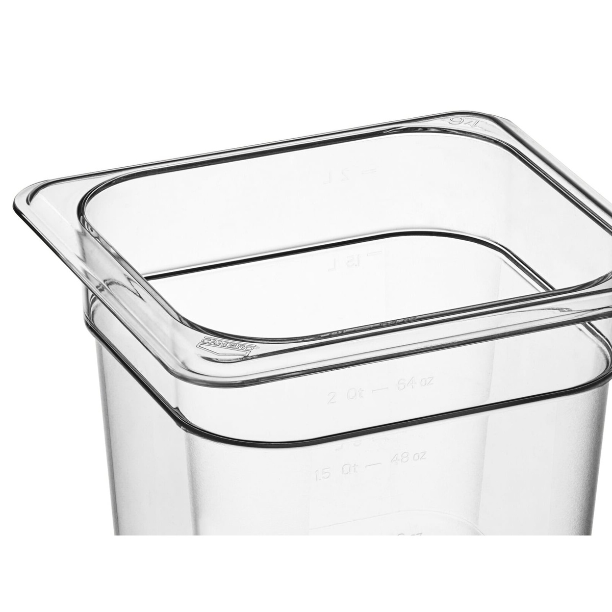 Close-up detail of Cambro 66CW135 food pan showing molded-in quart and ounce graduation markings and uniform flange on white background