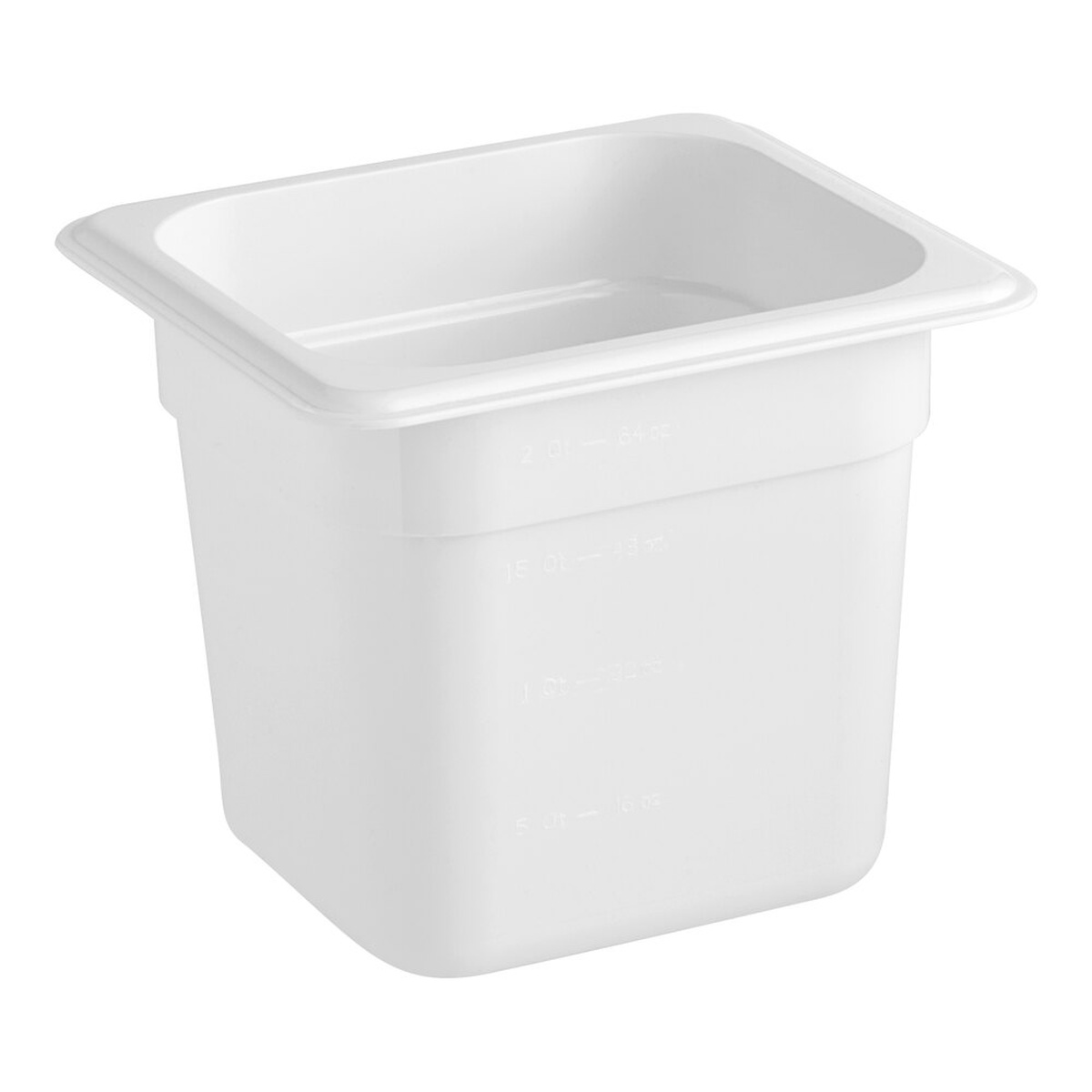 Cambro 66CW148 white polycarbonate sixth-size food pan, 6 inches deep, showing molded-in graduation markings on the interior