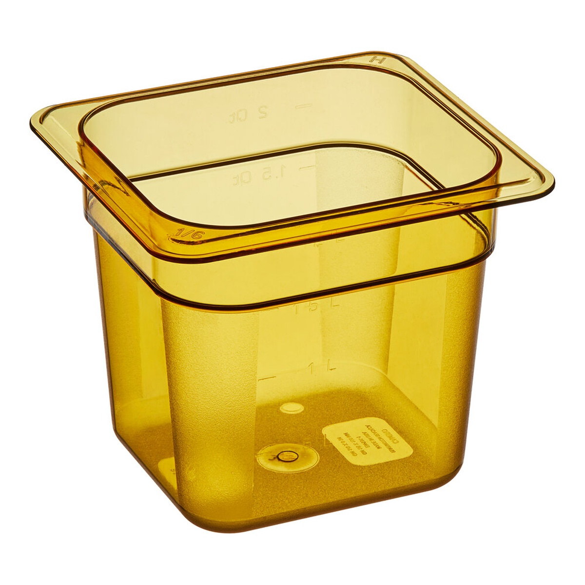 Cambro 66HP150 amber high-heat 1/6 size plastic food pan 6 inches deep showing molded measurement markings on interior walls