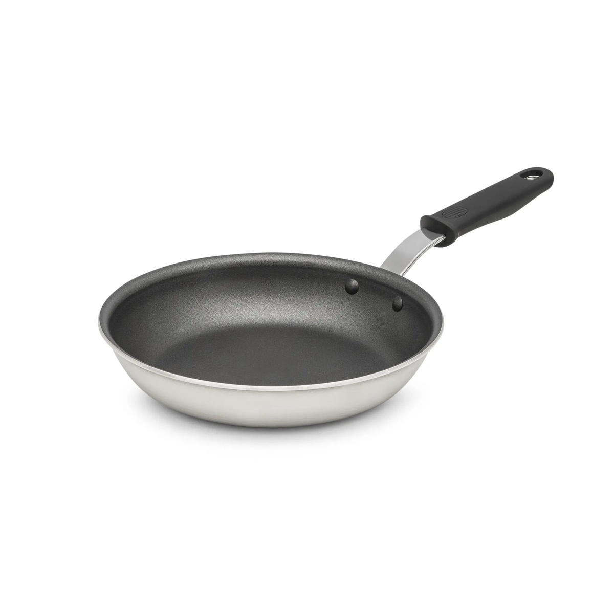 Vollrath Wear-Ever 8-inch aluminum fry pan with SteelCoat x3 nonstick interior and black silicone handle, angled side view