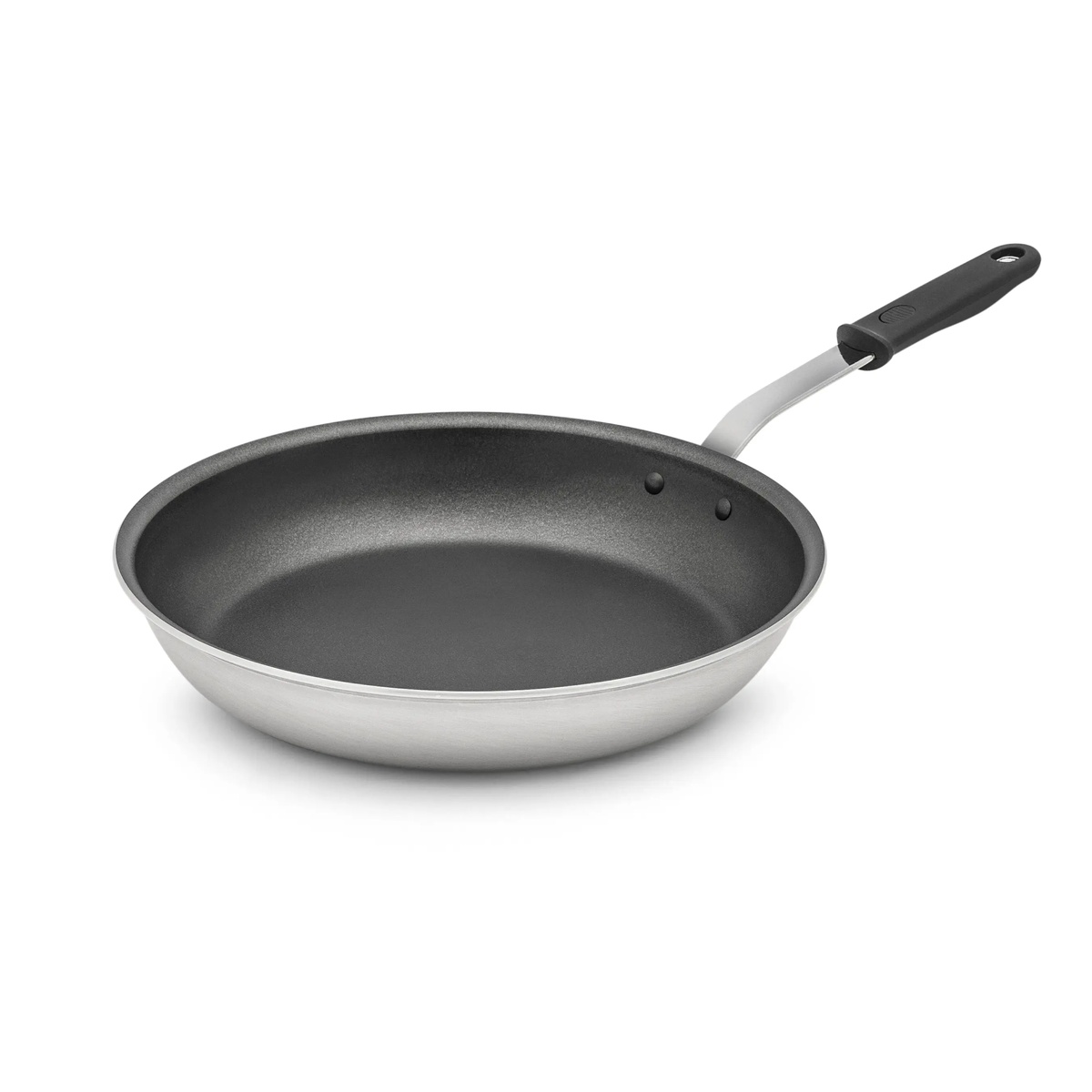Vollrath 672314 14-inch aluminum fry pan with dark nonstick interior and black silicone handle, side angle view