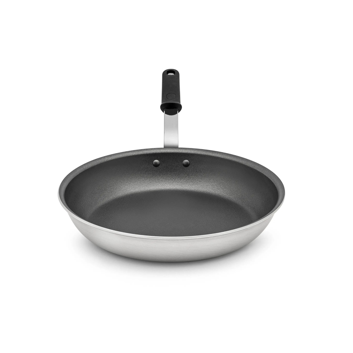 Vollrath 672314 14-inch fry pan viewed from above showing dark SteelCoat x3 nonstick cooking surface and riveted handle