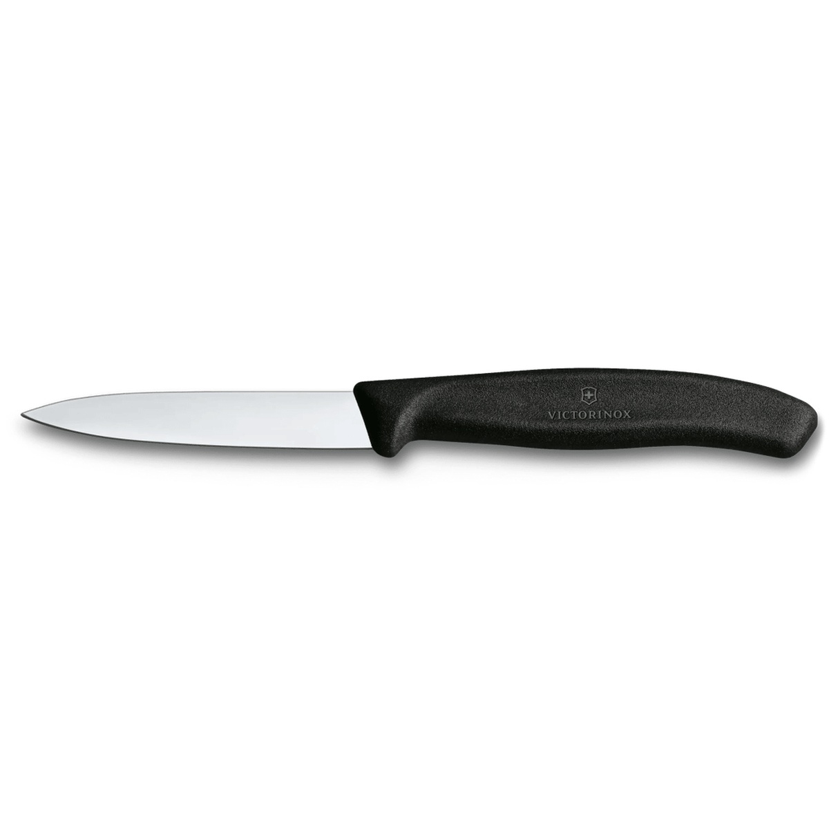 Victorinox Swiss Classic paring knife profile view showing ergonomic black handle and polished stainless steel blade