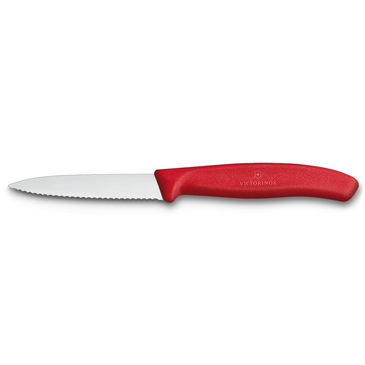 Victorinox Swiss Classic paring knife with chili red polypropylene handle and serrated stainless steel blade