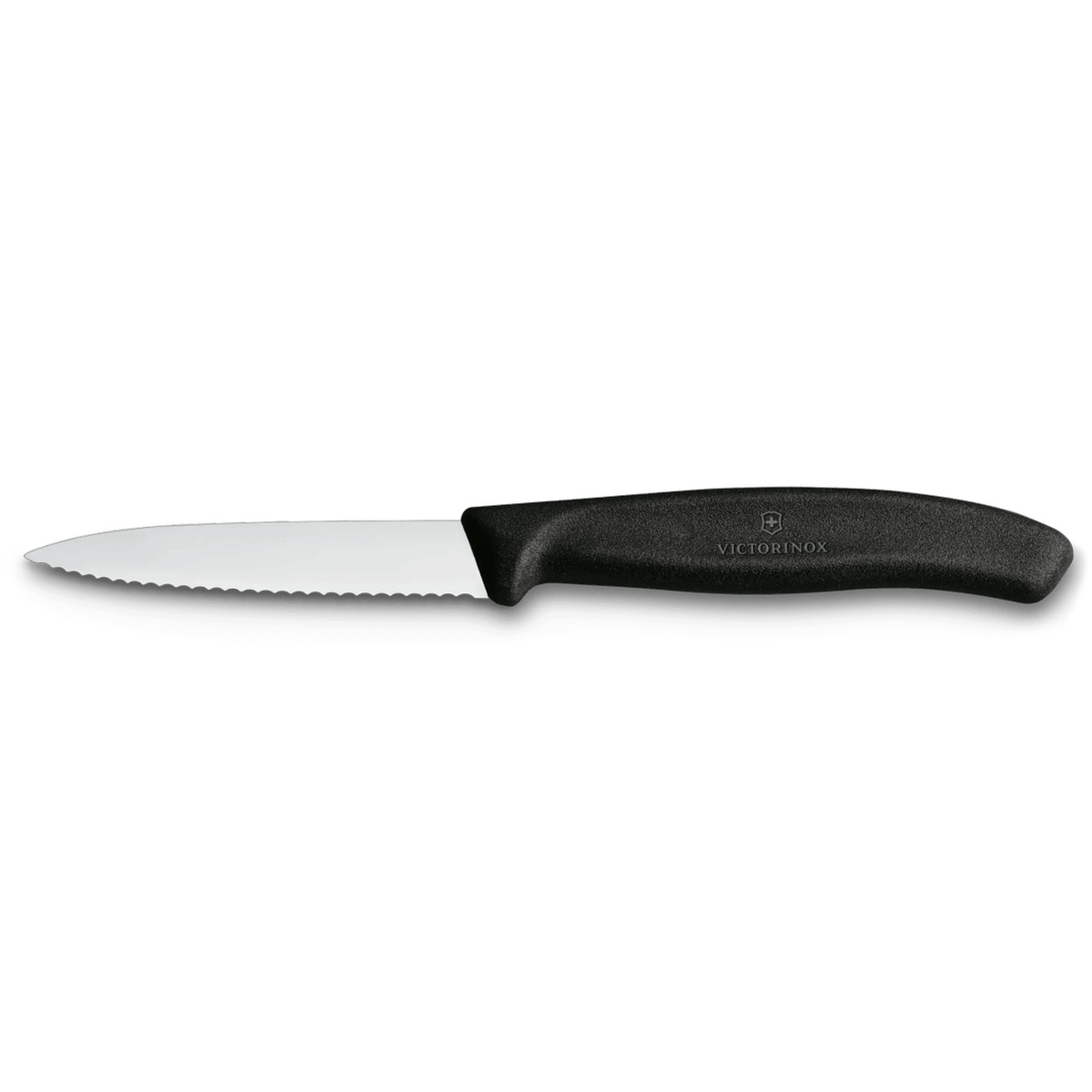 Victorinox Swiss Classic Paring Knife with black handle and serrated blade
