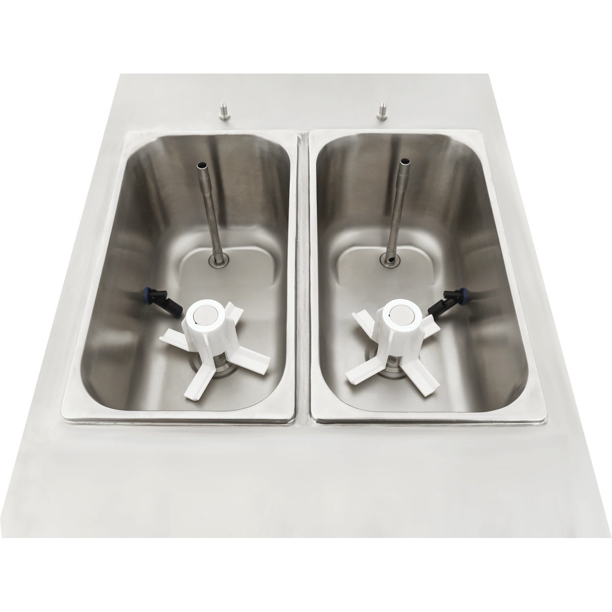 Top view of the dual stainless mix hoppers inside the Spaceman 6795-CL