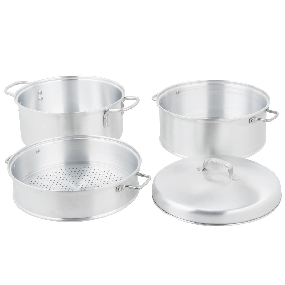 Vollrath 68125 Wear-Ever 4-piece aluminum steamer set showing base pot, two perforated steamer trays, and dome cover on white background