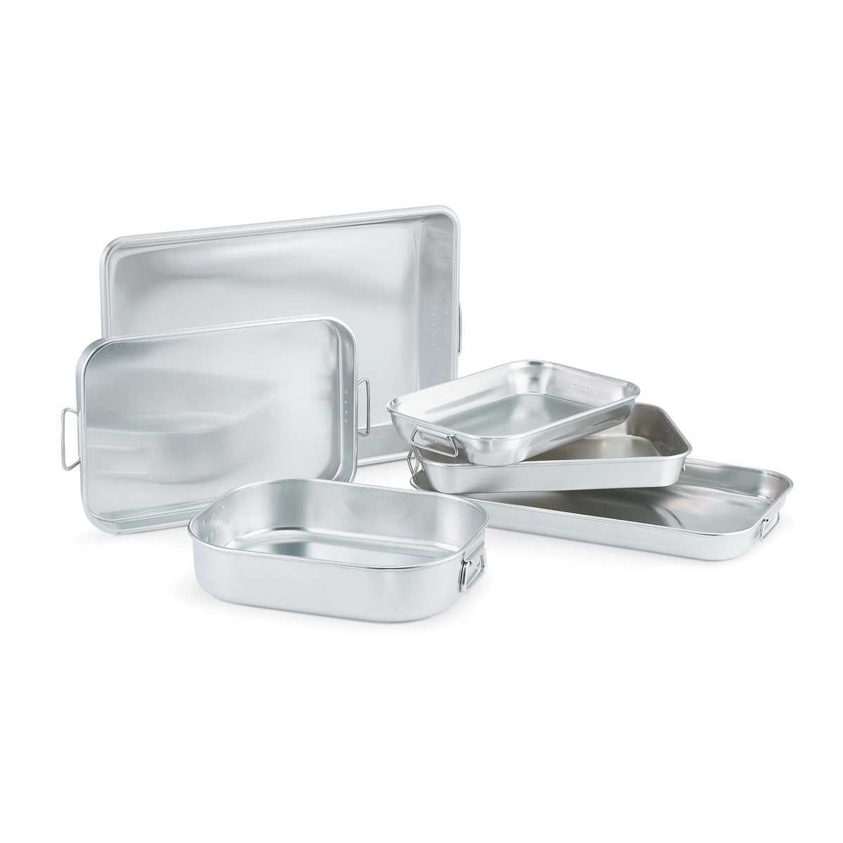 Assortment of Vollrath Wear-Ever aluminum bake and roast pans in multiple sizes on white background