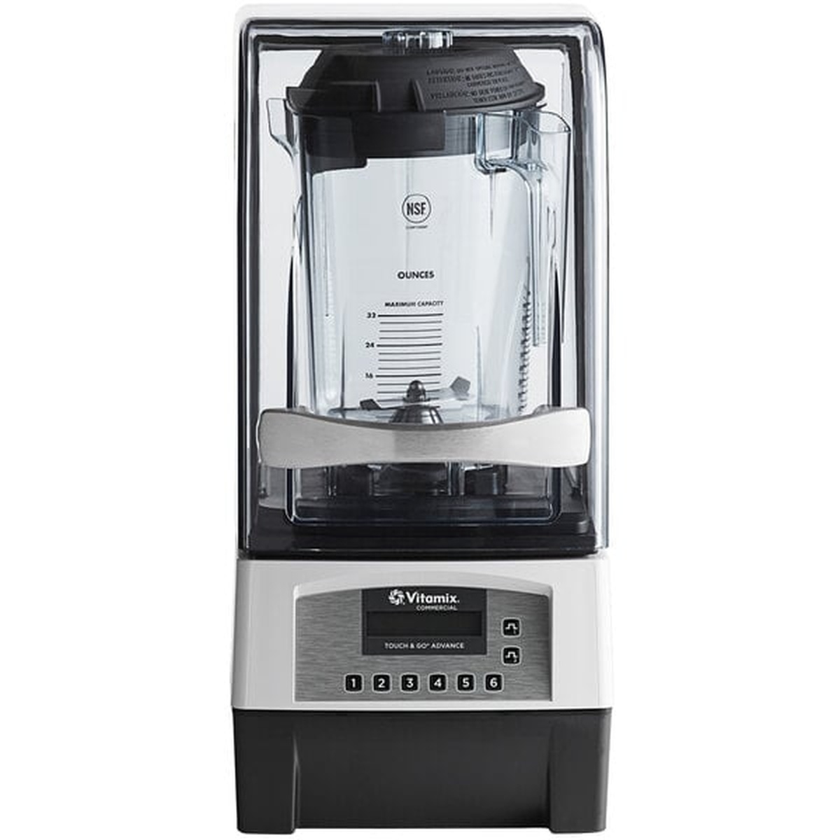 Front view of Vitamix blender showing 32 oz container inside sound enclosure