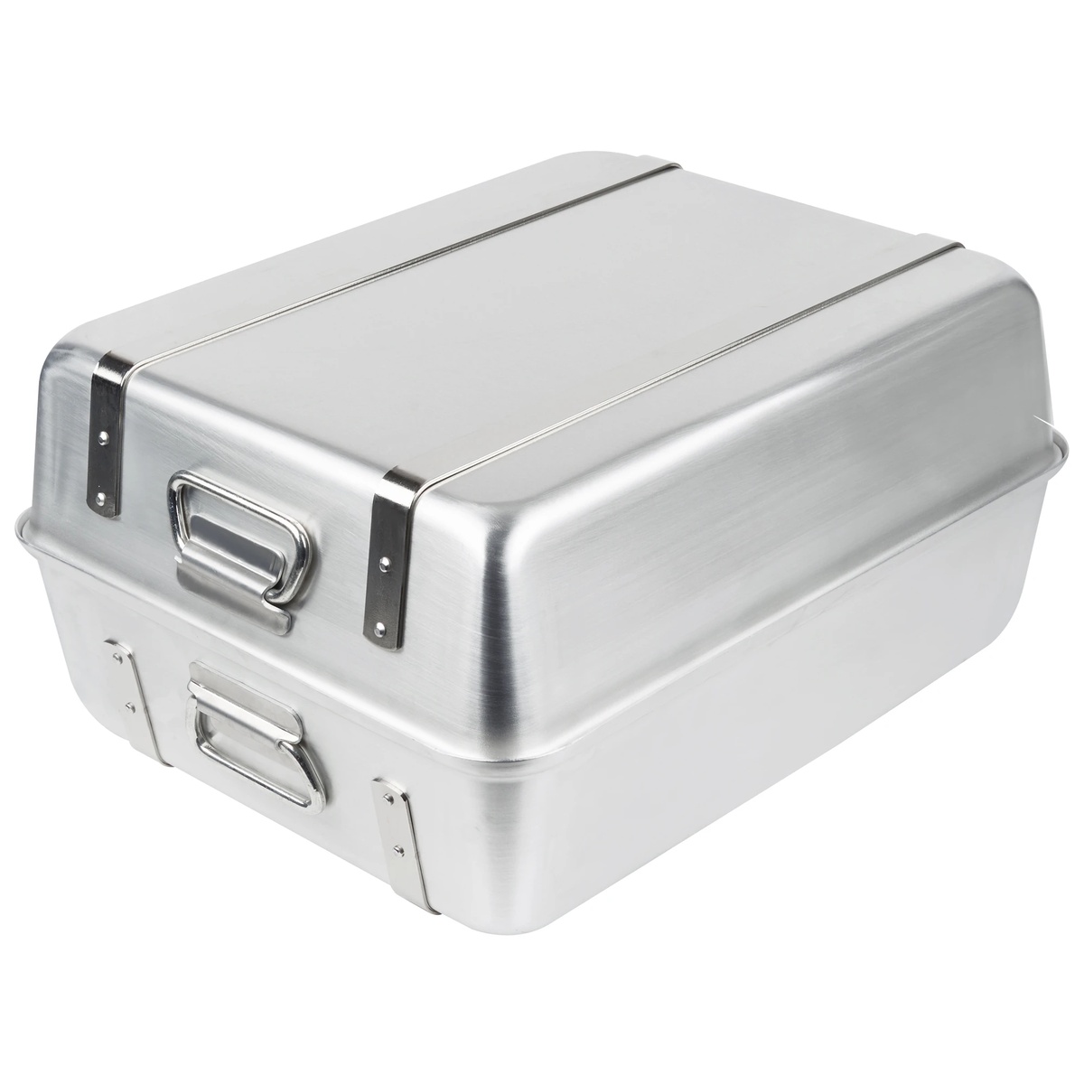 Vollrath 68360 Wear-Ever aluminum double roaster set assembled, showing chrome-plated straps and loop handles on white background