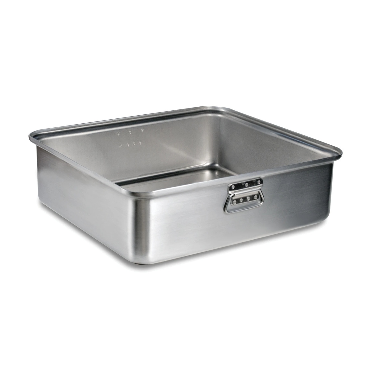 Vollrath Wear-Ever 68364 aluminum roast pan close-up showing depth, beadless rim, and welded loop handle
