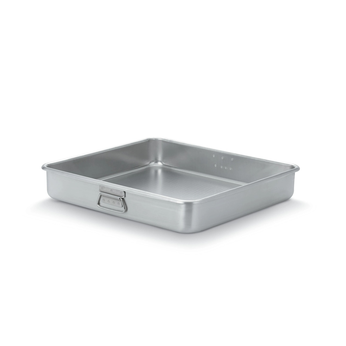 Vollrath Wear-Ever 68364 23.5 qt aluminum roast pan top, angled overhead view showing interior and loop handle