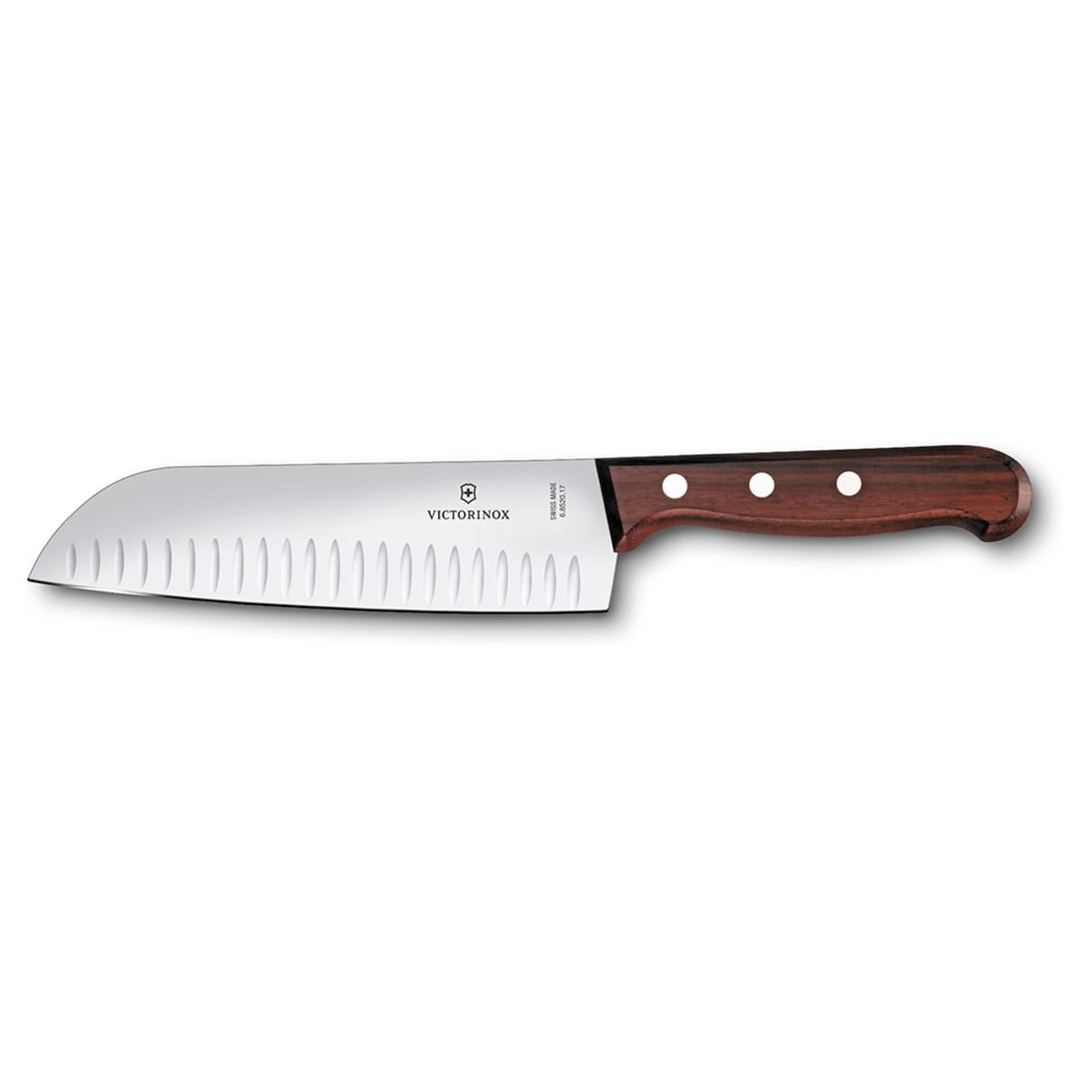 Victorinox 6.8520.17-X2 7-inch Granton Edge Santoku knife with brown rosewood handle on white background