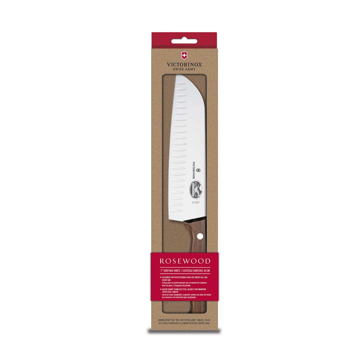 Victorinox 7-inch Rosewood Santoku knife displayed inside its retail kraft-paper packaging with brand labeling